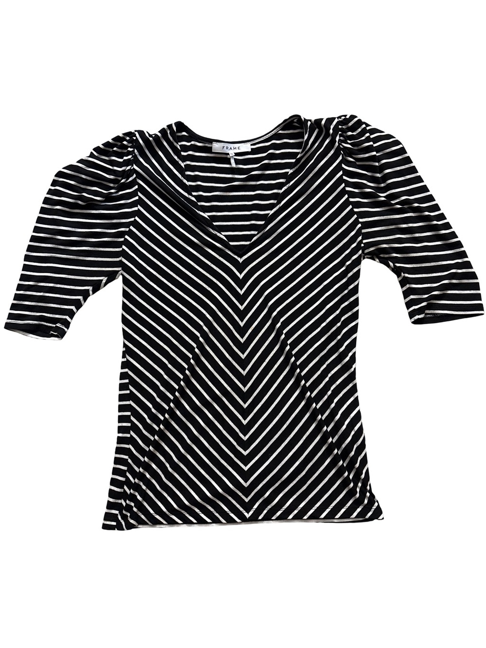 Frame Denim Black & White Striped V-Neck Puff Sleeve Tee